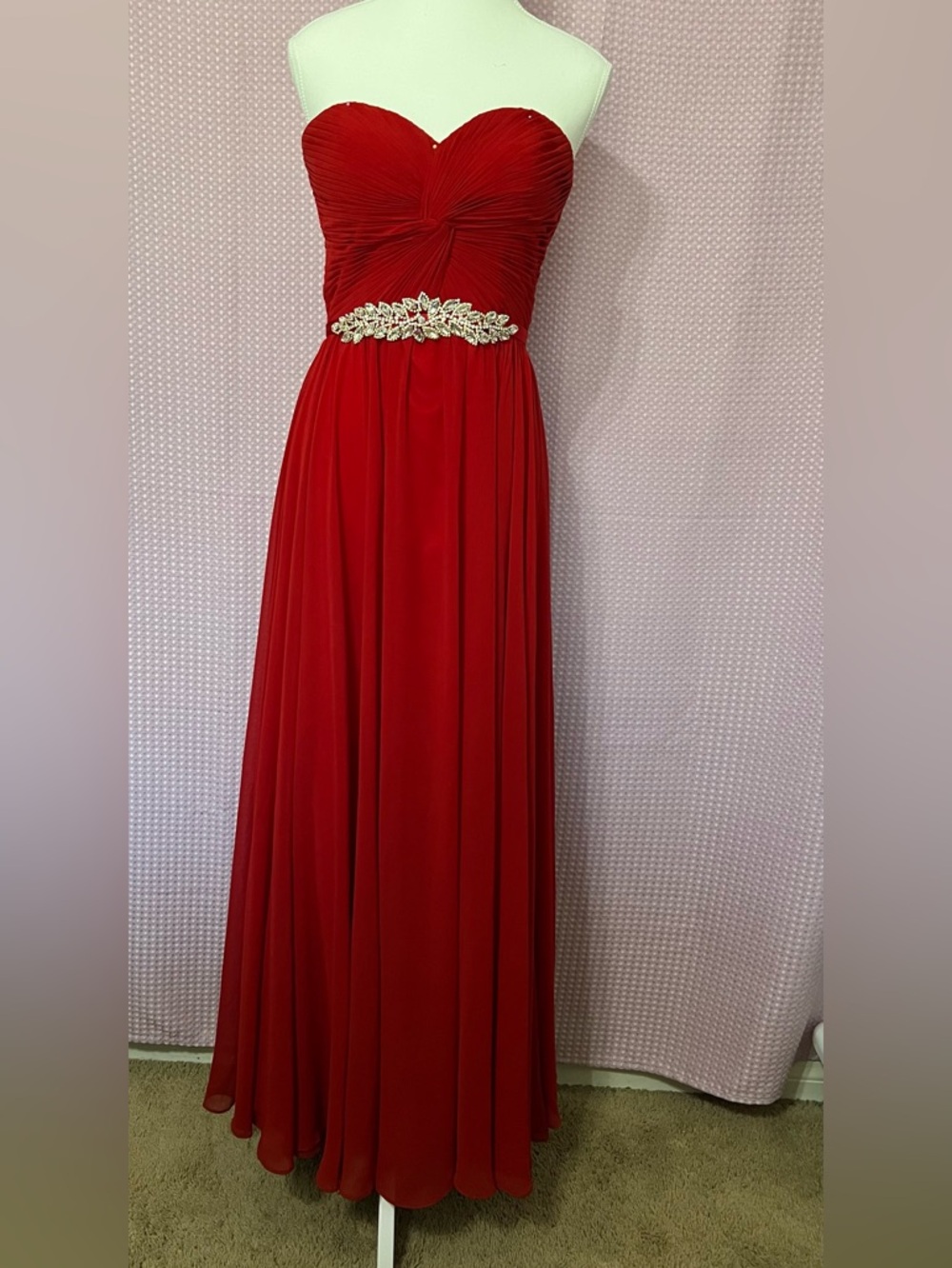 Cinderella Strapless Red Chiffon Gown with Beaded Waist